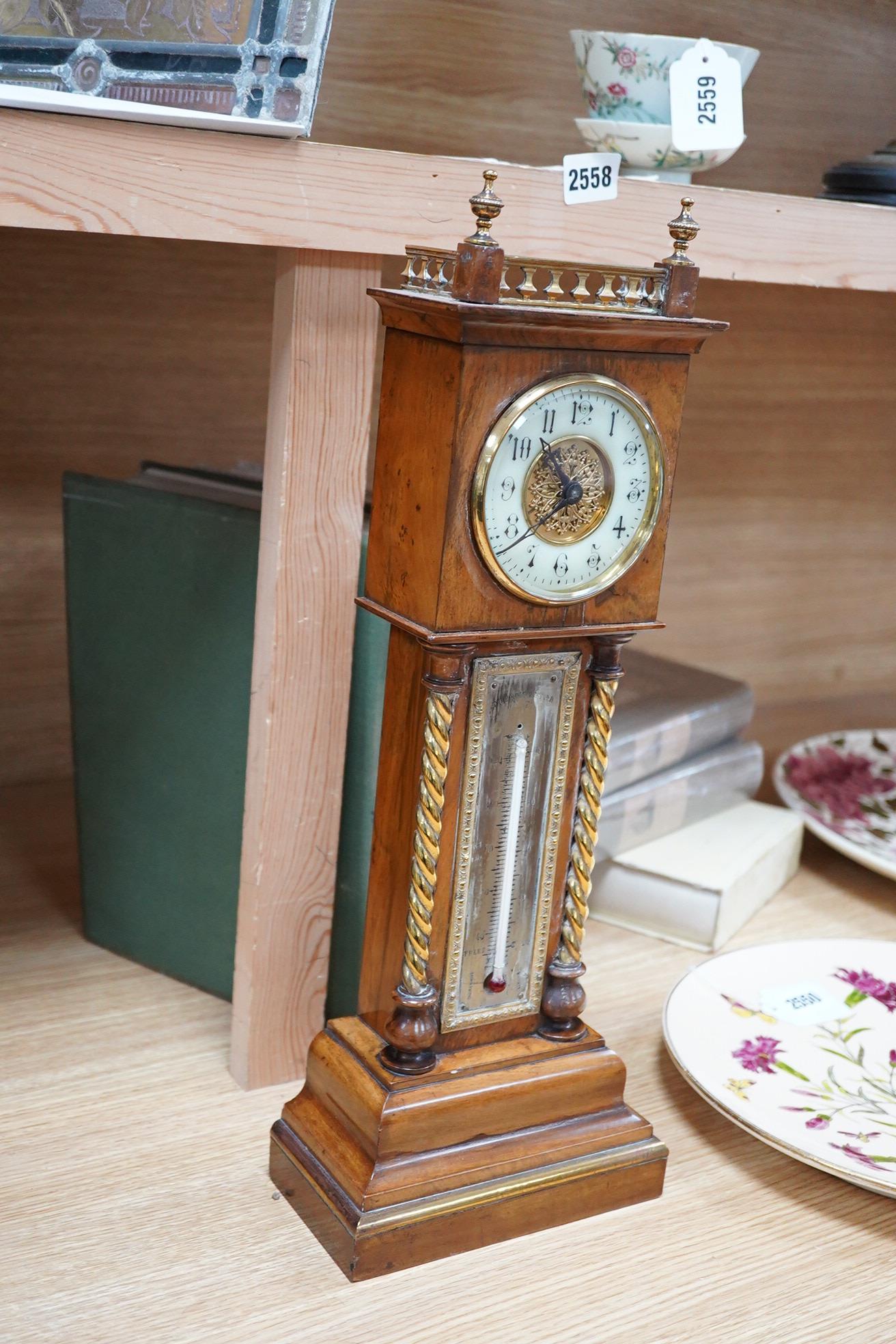 A miniature olivewood longcase timepiece with thermometer, 46cm high